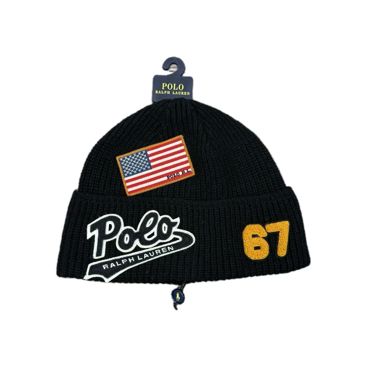 NWT $110 Polo Ralph Lauren USA Flag 67 Patch Black Knit Beanie Hat