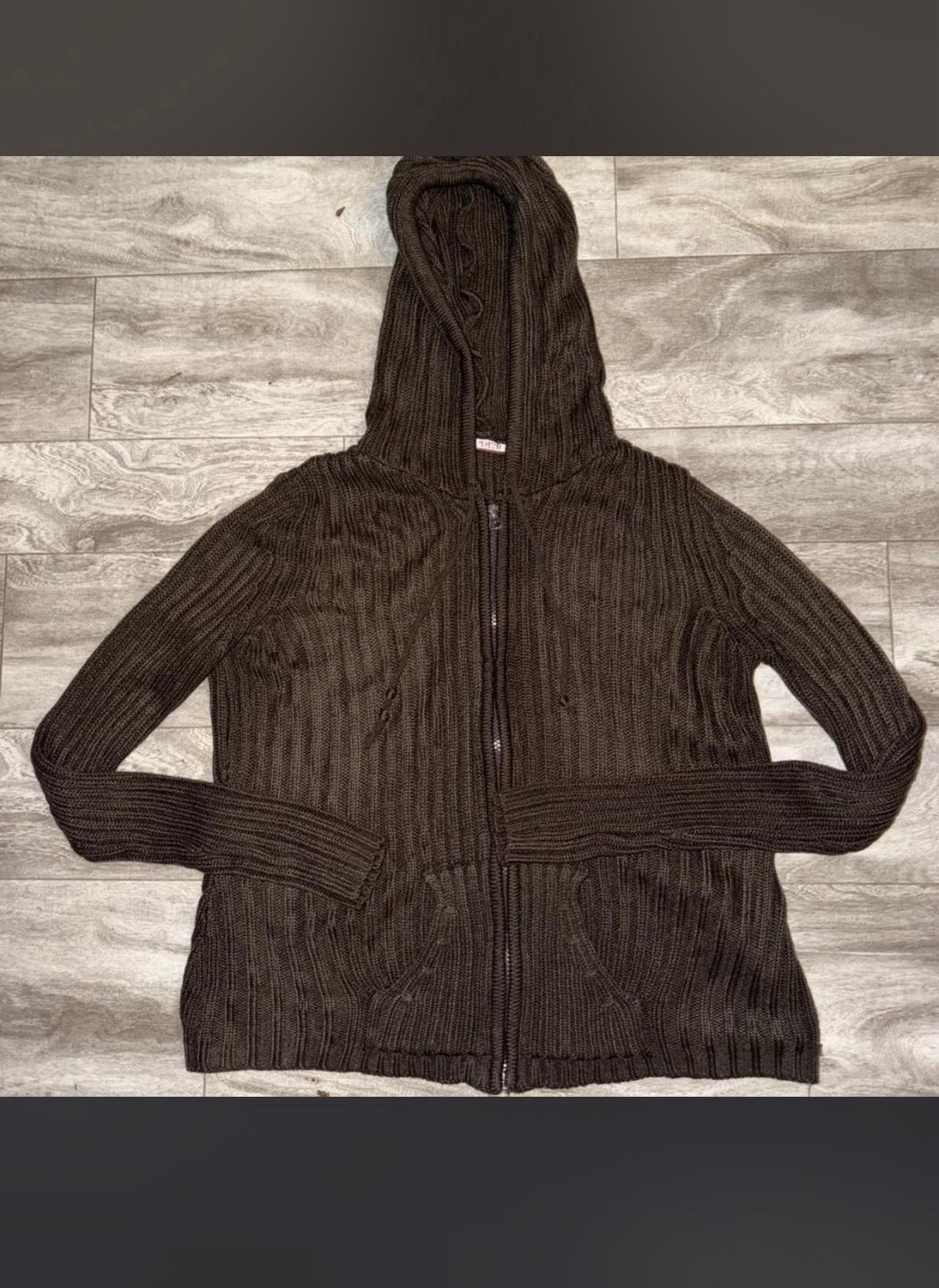 DEB Ribbed Knit Sweater Brown Full Zip Hooded Pockets Long Sleeve Women's Size M