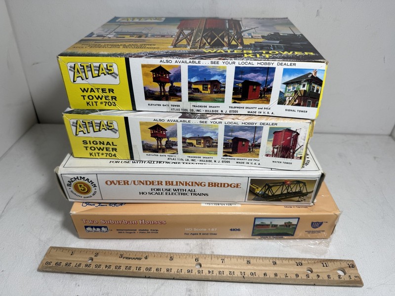 Lot of HO Scale Model Kits Singal & Water Towers, Bridge, & 2 Houses