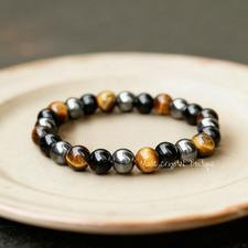 Triple Protection Bracelet Tiger Eye  Obsidian Hematite Healing Crystal Gift