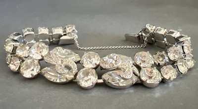 Vintage Signed EISENBERG Rhodium Plated Clear Rhinestone Bracelet w Safety Chain