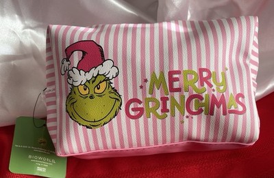 Bioworld Grinch Merry Grinchmas pink striped cosmetic bag.