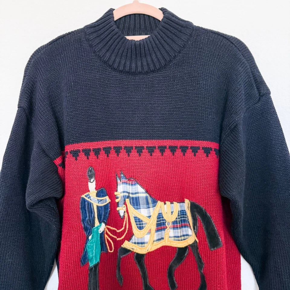 VTG Sweater Size M Black Red Equestrian Horseman Knit Novelty Holiday Old Money - Image 2 of 4