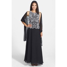 J Kara Black Scallop Beaded Sleeveless A-Line Maxi Dress Sheer Scarf Size 14