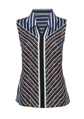 Cabi Sleeveless Top Floral Chevron Stripe Print Full Zip Blouse Size S