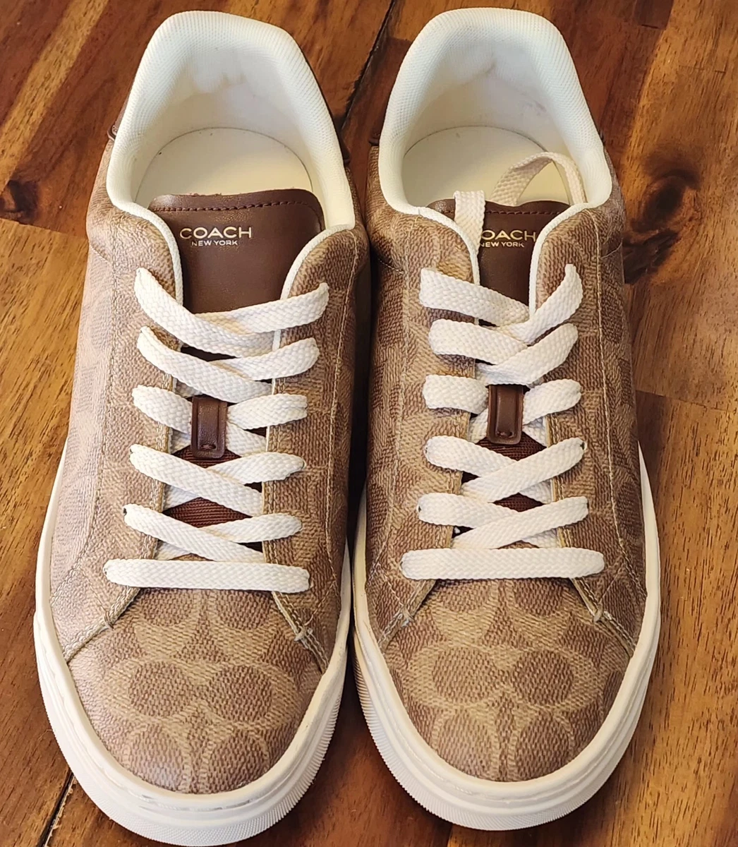 COACH ブラウン ホワイト シグネイチャーハイカットスニーカー 9ホール Coach High Line Signature Women's Size 10 Sneaker Brown-Khaki