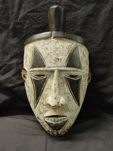 Vintage African Igbo Wooden Mask Nigeria Hand Carved White Kaolin Okoroshi