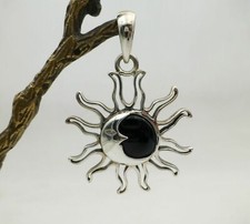 925 Sterling Silver Black Onyx Moon Face Cutout Sunburst Pendant Charm