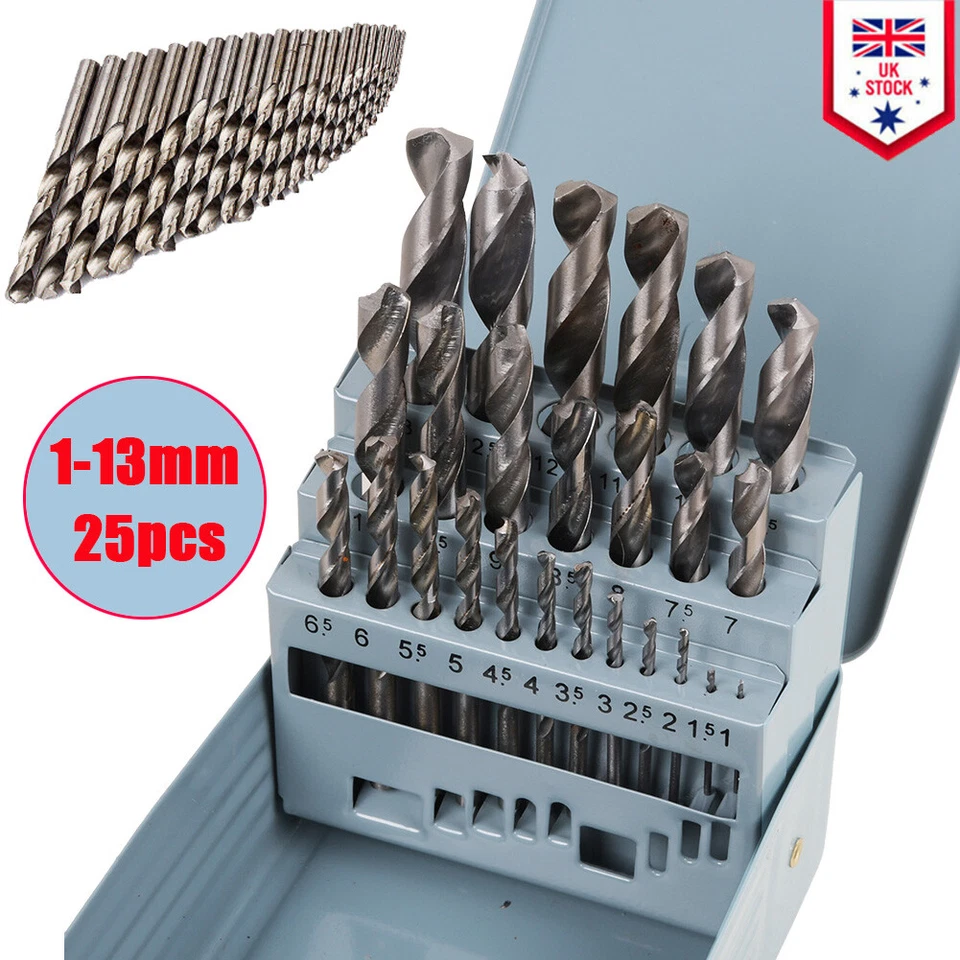 25 PIECE HIGH SPEED STEEL HSS DRILL BIT SET METAL INDEX BOX METRIC 1MM TO 13MM