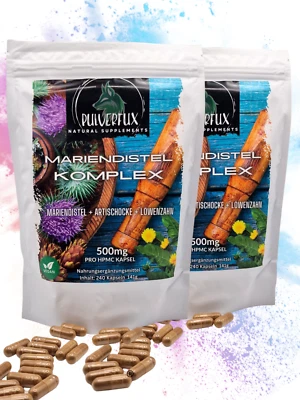 PULVERFUX 480 Mariendistel Komplex Kapseln mit Artischocke und Löwenzahn Extrakt Vegan