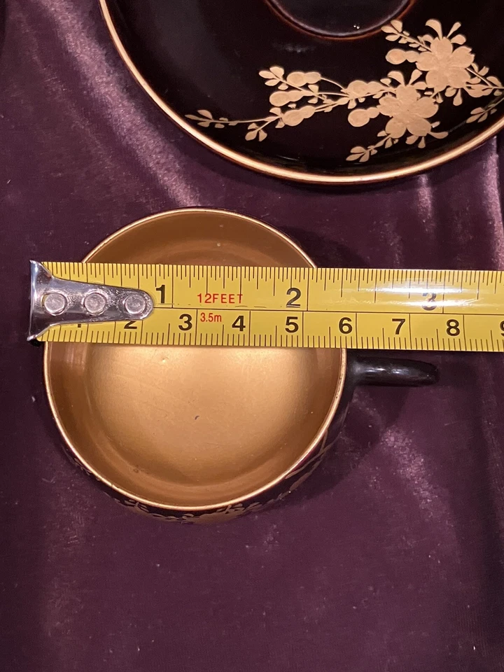 Vintage Japanese LACQUERED WOOD CUP & SAUCER SET 6 (2 cups missing handles - Image 3 of 4