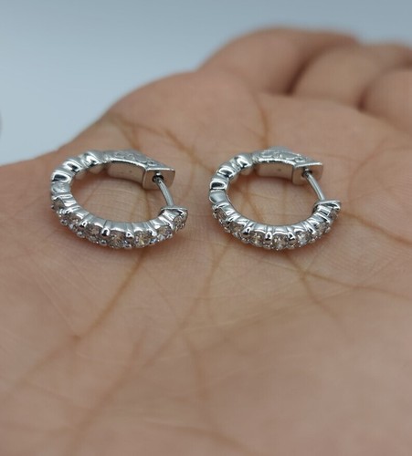 0.85 TCW Natural GH SI Diamond Hoop Huggie Wedding Earrings 14K White Gold - Picture 3 of 10