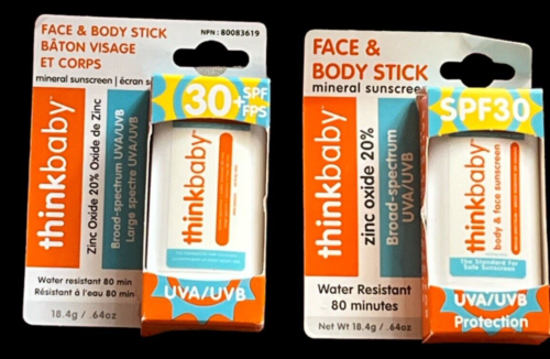 Pack de 2 UVA/UVB Thinkbaby Face & Body Stick Minéral Écran Soleil Résistant à l'Eau - Photo 1 sur 9