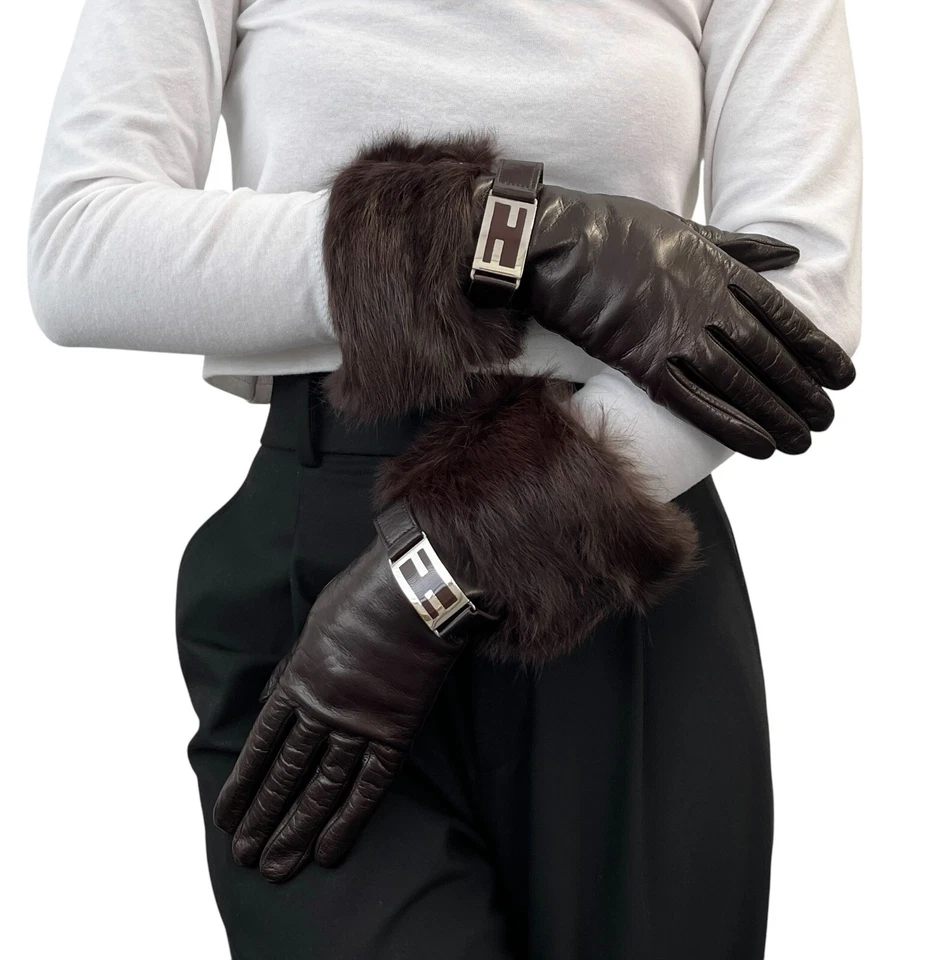 Guantes FENDI Vintage FF Logo #L Piel Moda Accesorio Marrón Plata Cuero Foto 2 de 4