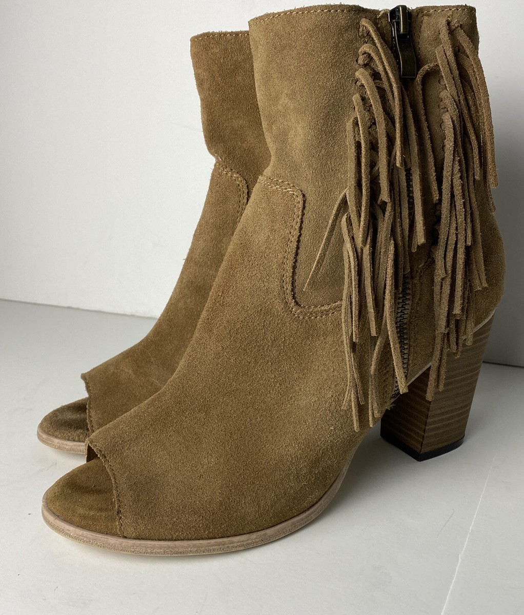 Mia Women's Suede Peep Toe Zip Fringe Ankle Booties Boots Brown
