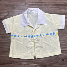 Vintage 1970s Train Trim Baby Boy Button Camp Collar Shirt Yellow Cotton 3M