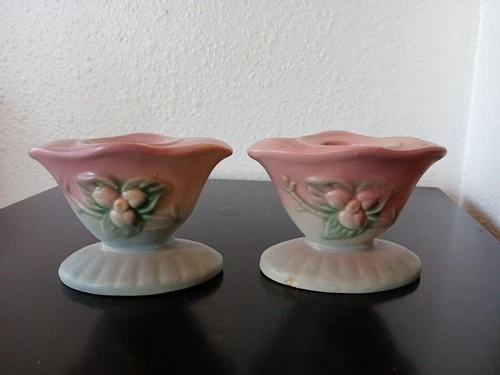 Vintage HULL Art Pottery Pink Blue Green Candle Holders - Chipped