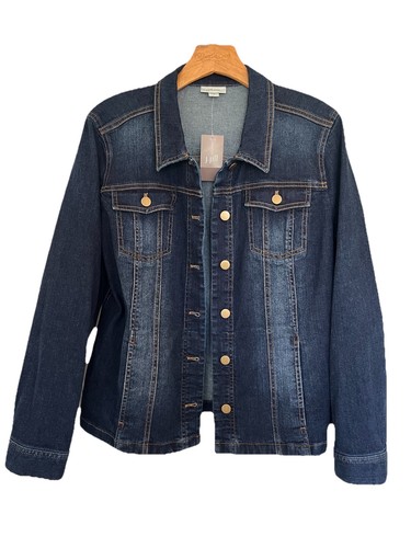 J JILL Denim Jean Jacket Women Sz Medium Dark Blue Wash Button Up Cotton Stretch