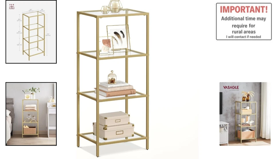 Sleek 4-Tier Glass Bookshelf with Metallic Gold Frame - Versatile Display Unit - image 2 of 4
