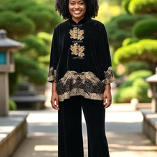 Citron Asian Velvet 3 Piece Pant Set Womens 2X/1X Black Gold Embroidered Vintage