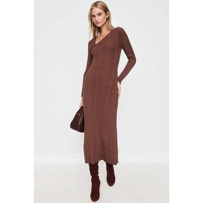 STAPLE THE LABEL Ribbed Knit Asymmetrical Neck Maxi Dress Brown US 6