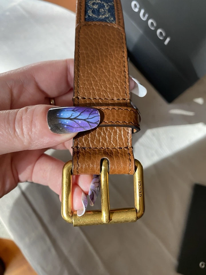 GUCCI腰带牛皮棕色特色logo编织牛仔边正品   — 第 2/4 张图片