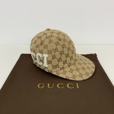 Gucci GG Monogram Patch Logo Cotton Canvas Baseball Cap Hat Beige