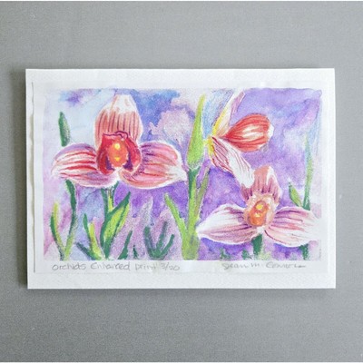 Floral Art Print Greeting Card Watercolor Orchid Cottagecore Artist Signed 5x7''