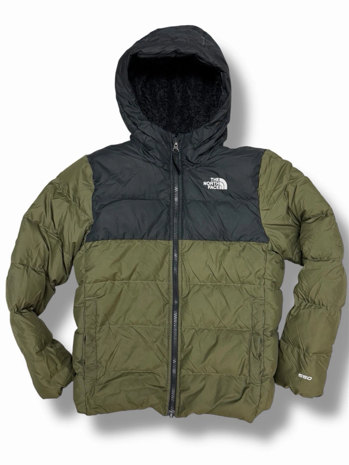 The North Face 550 Down Puffer Jacket Hooded Green Black Youth M Womens XS S
