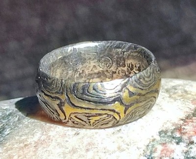 Trauring Ring Mokume Gane Gold 900 Palladium 500 Silber  Sternmuster geätzt 50