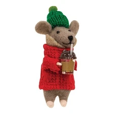 NEW Primitive CHRISTMAS MOUSE COFFEE ORNAMENT Cloth 5"H GREEN Hat Red Coat Brown