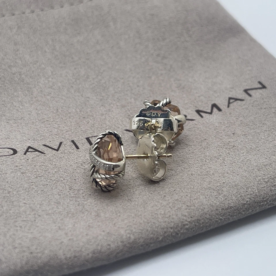 David Yurman Sterling Silver 10mm Morganite Diamond Cable Wrap Stud Earrings - Image 3 of 4