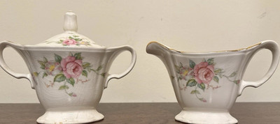 Vintage Pink Moss Rose Porcelain Sugar & Creamer Set | Shabby Chic Cottagecore