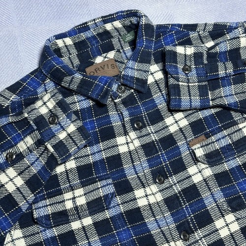 Orvis blau schwer Flanell kariert Knopfleiste Tasche Hemd Herren Größe Large