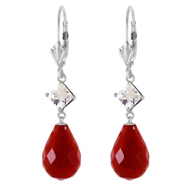 14K. GOLD LEVER BACK EARRING WITH WHITE TOPAZ & RUBIES (White Gold)