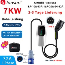 Typ 2 EV Ladekabel 16A/32A 7kW 1 Phase 5m Elektroauto PHEV Ladegerät Wallbox EU