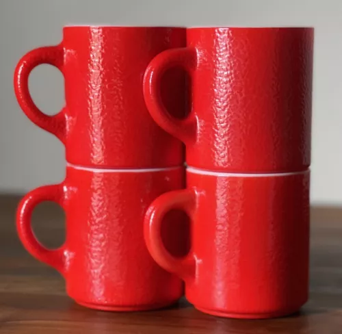 Set of 4 Vintage Hazel Atlas Red Orange Peel Coffee Mugs Milk Glass