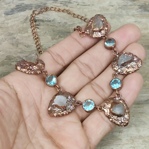 Copper Rose Quartz Rough Gemstone Swiss Blue Topaz Electroformed Chain Necklace - Video 1 of 1