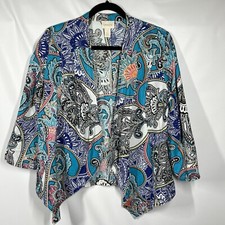 Chicos 100 Linen 3/4 Sleeve Jacket Sz 1 M Colorful Paisley Boho Coastal Granny
