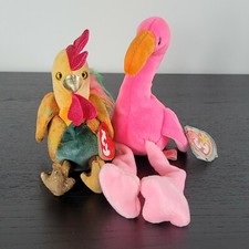 TY BEANIE BABIES COLLECTION - 2000 TY ZODIAC ROOSTER & 1995 TY PINKY FLAMINGO