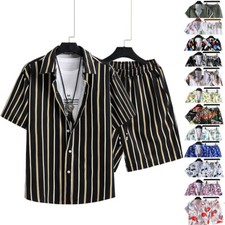 Button Up Shirt Men Fashion Beach Casual Outfit Suit Drawstring Shorts Pants Set