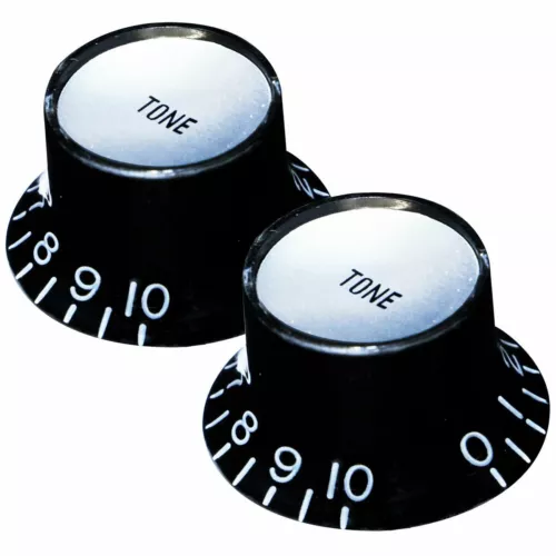 NEW (2) TONE Bell Top Hat Knobs Gibson® Style Black, Silver plate Metric Size