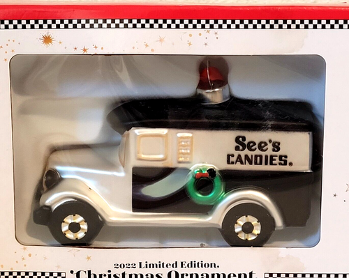 2022 Limited Edition See's Candies Delivery Truck Glass Christmas Ornament NIB - Picture 2 of 6