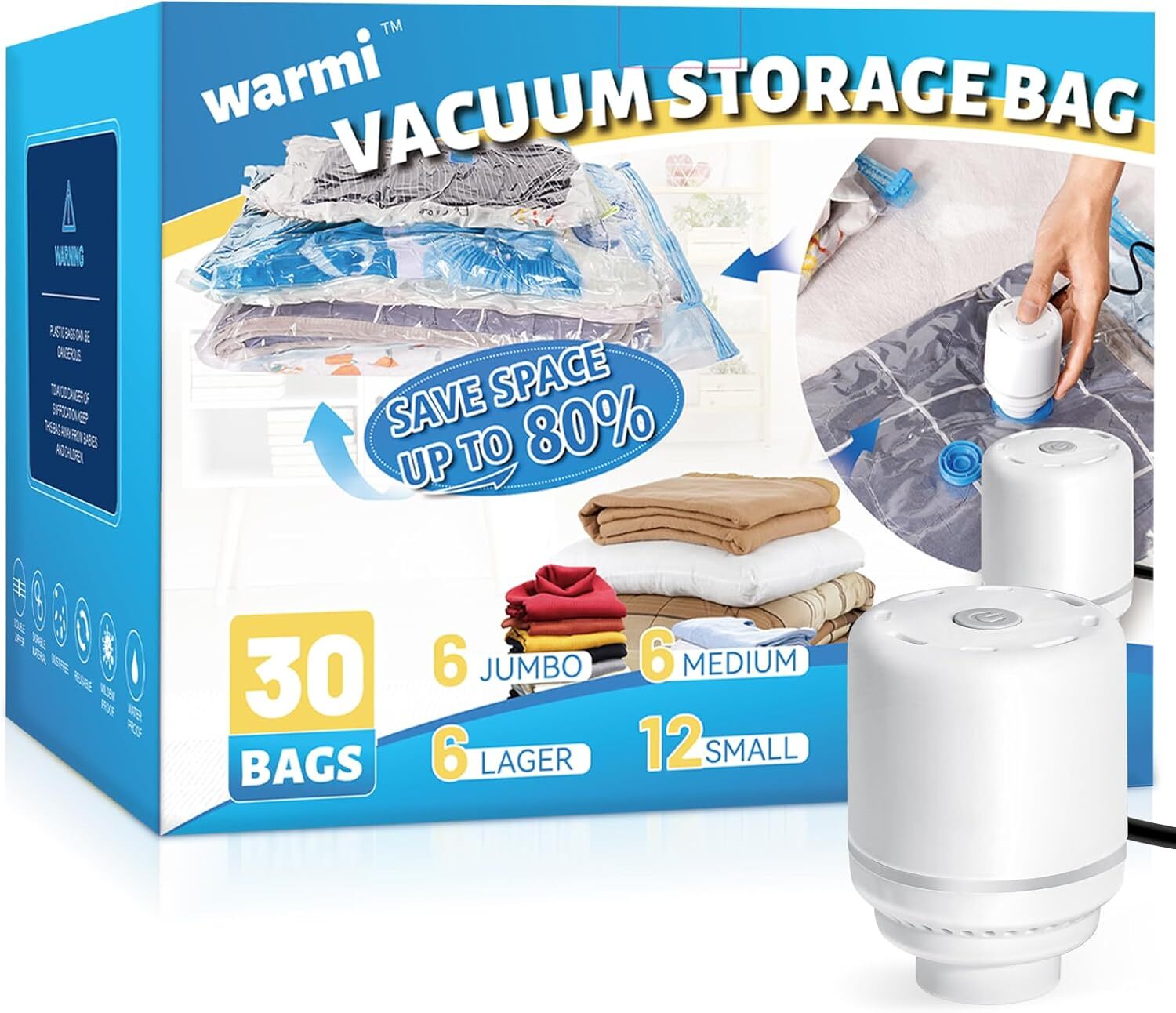 30 Pack Vacuum Storage Bags with Electric Air Pump - Vacuum Seal Bags