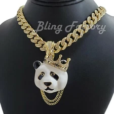 Crown King Panda Pendant 12mm 16" 18" 20" 24" Iced Cuban Box Lock Chain Necklace