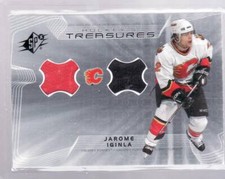 2001-02 JAROME IGINLA SPX HOCKEY'S TREASURES DUAL GAME WORN JERSEY CARD FLAMES