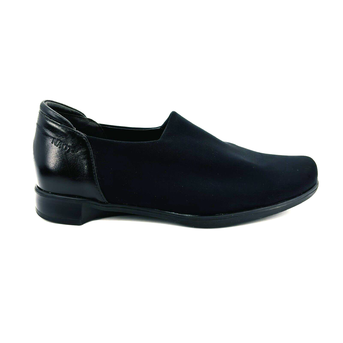 Womens 6 37 NAOT Black Leather Stretch Fabric Slip On Loafers