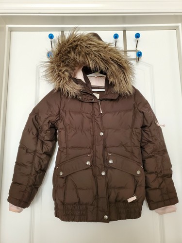 Lands End Kids Faux Fur Trimmed Hood Down Brown Jacket 7-8 Girl