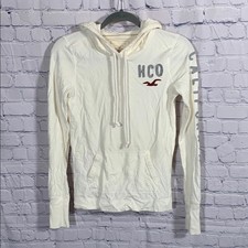 Hollister Womens Y2K Pullover Hooded Sweatshirt Cream Sz M 90s Spellout