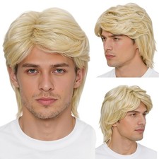 Men's Short Blonde Layered Wavy Wig Heat Resistant Synthetic for Cosplay